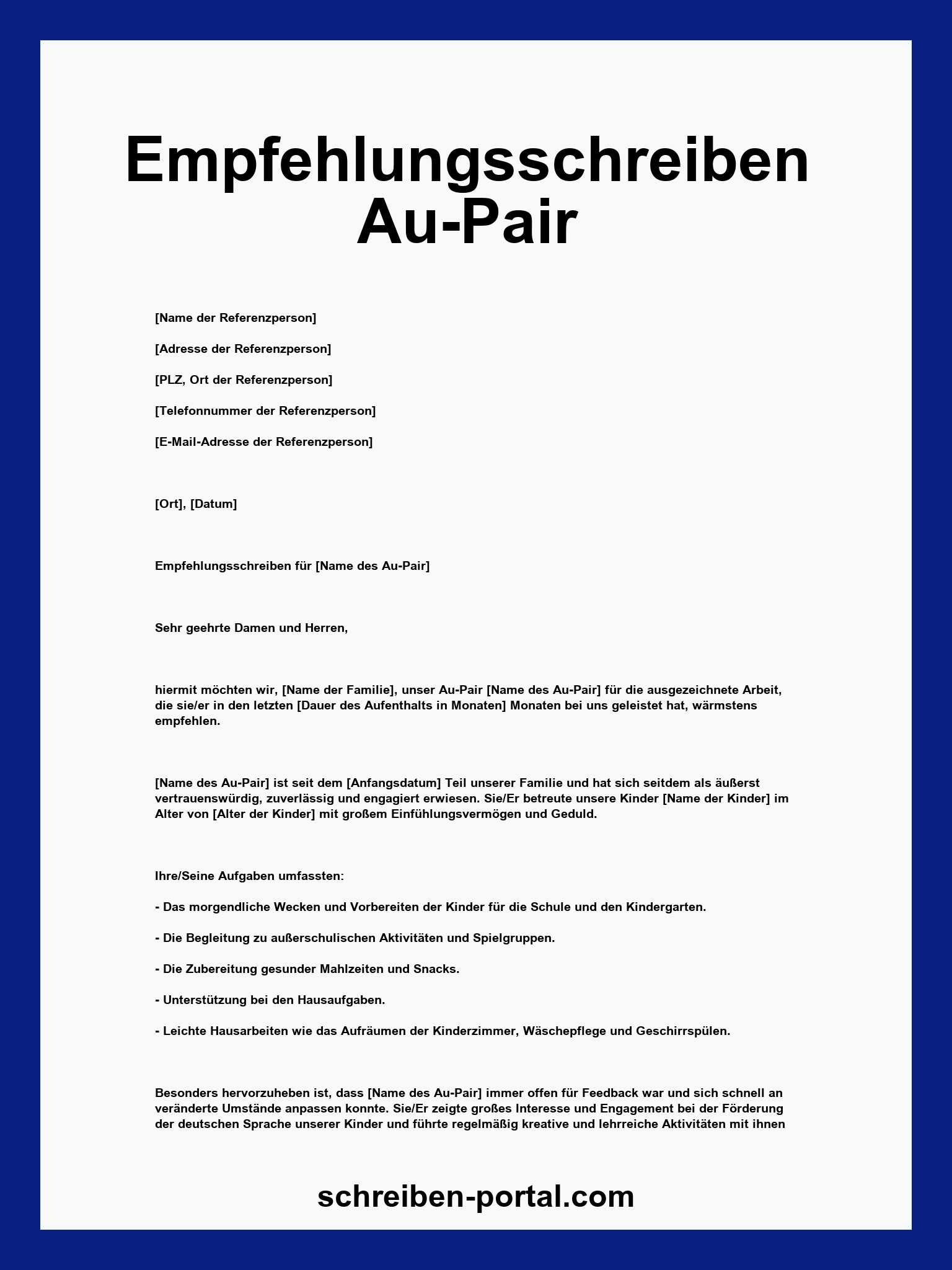 Empfehlungsschreiben Au-Pair Muster