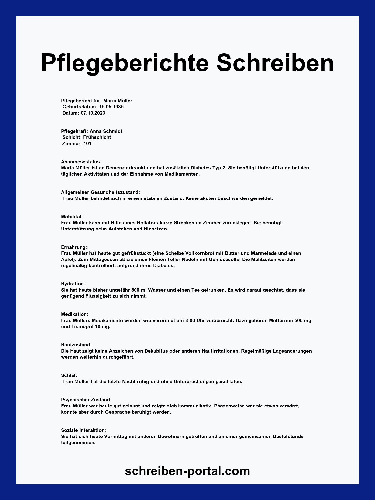 Pflegeberichte Schreiben Muster
