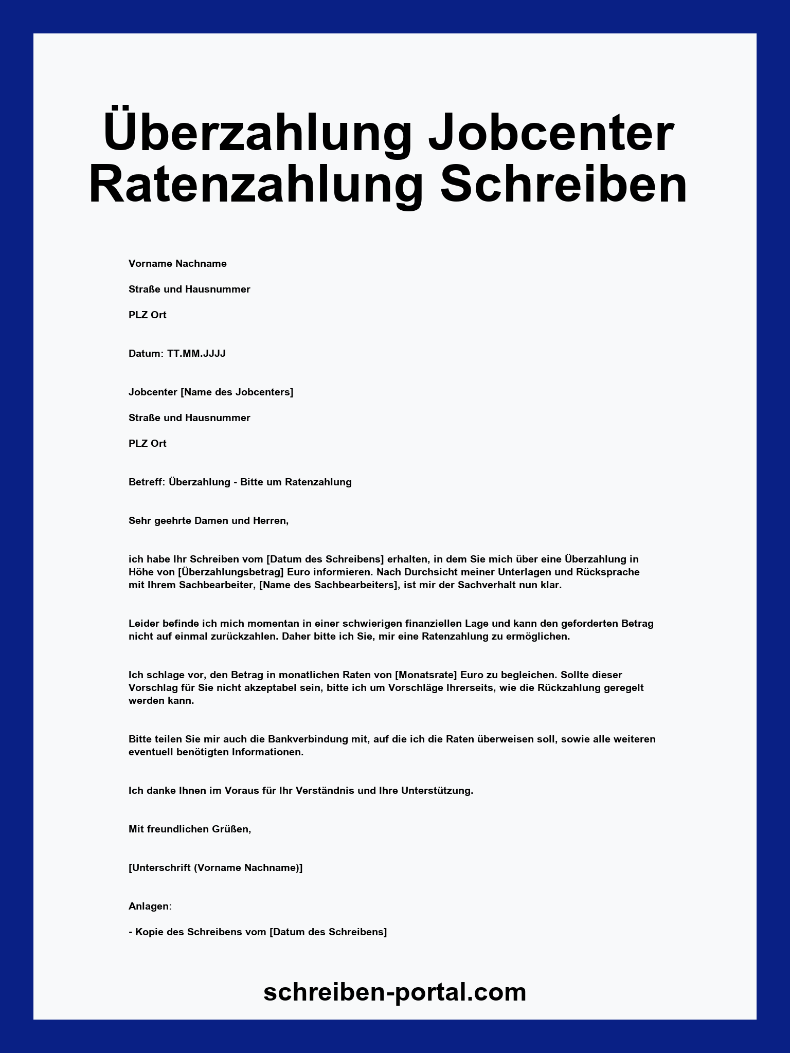 Überzahlung Jobcenter Ratenzahlung Schreiben Muster